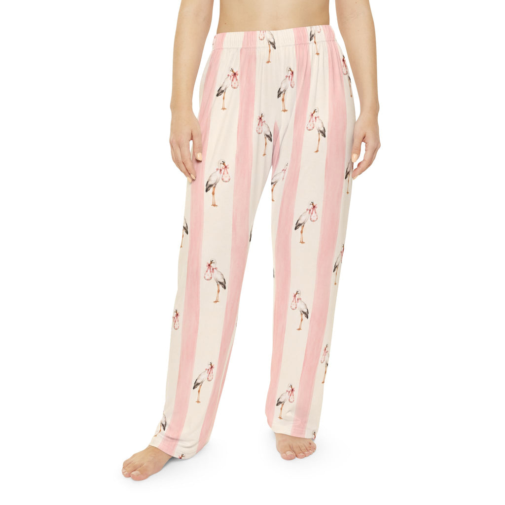 Stork Print Women's Pajama Pants — Blue & Cream Striped Lounge Sleepwear