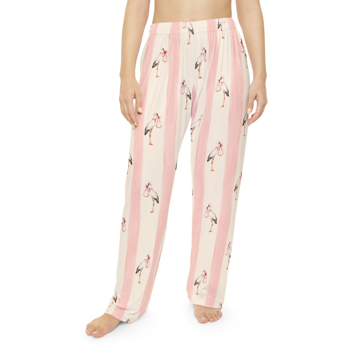 Stork Print Women's Pajama Pants — Blue & Cream Striped Lounge Sleepwear