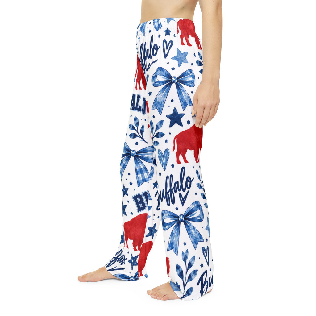 Buffalo Blue & Red Patterned Women's Pajama Pants — Buffalo Script, Stars & Bows Loungewear