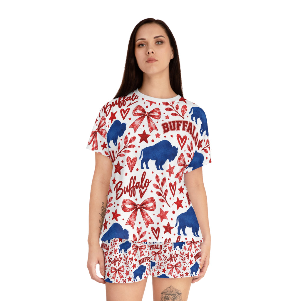Buffalo Pattern Women's Short Pajama Set – Red White Blue Holiday Sleepwear