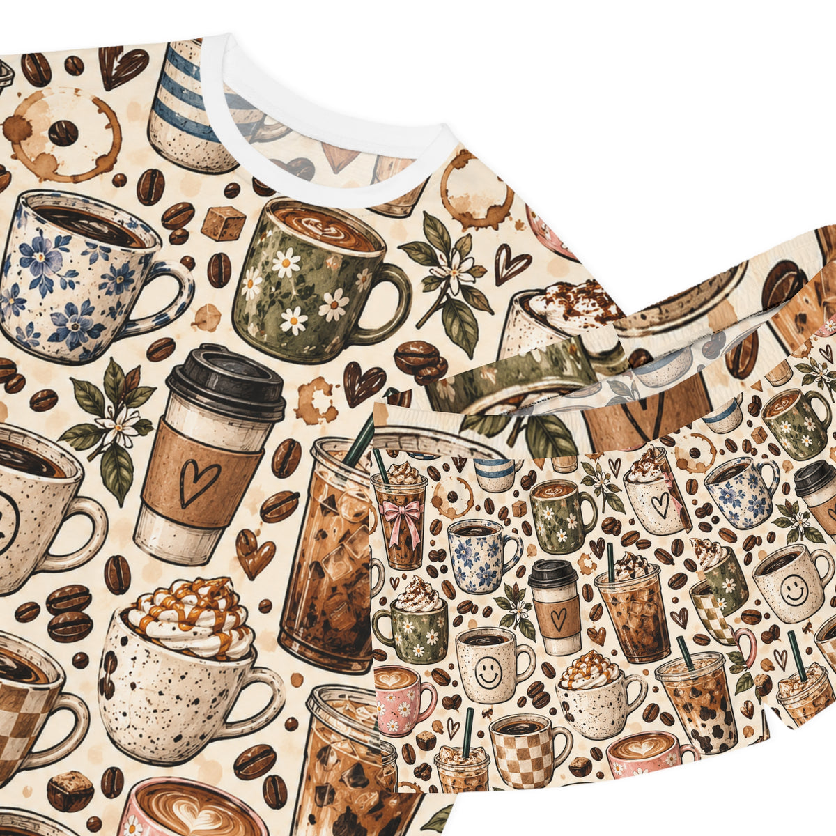 Coffee Lover Women’s Short Pajama Set — Cute Mug & Latte All-Over Print