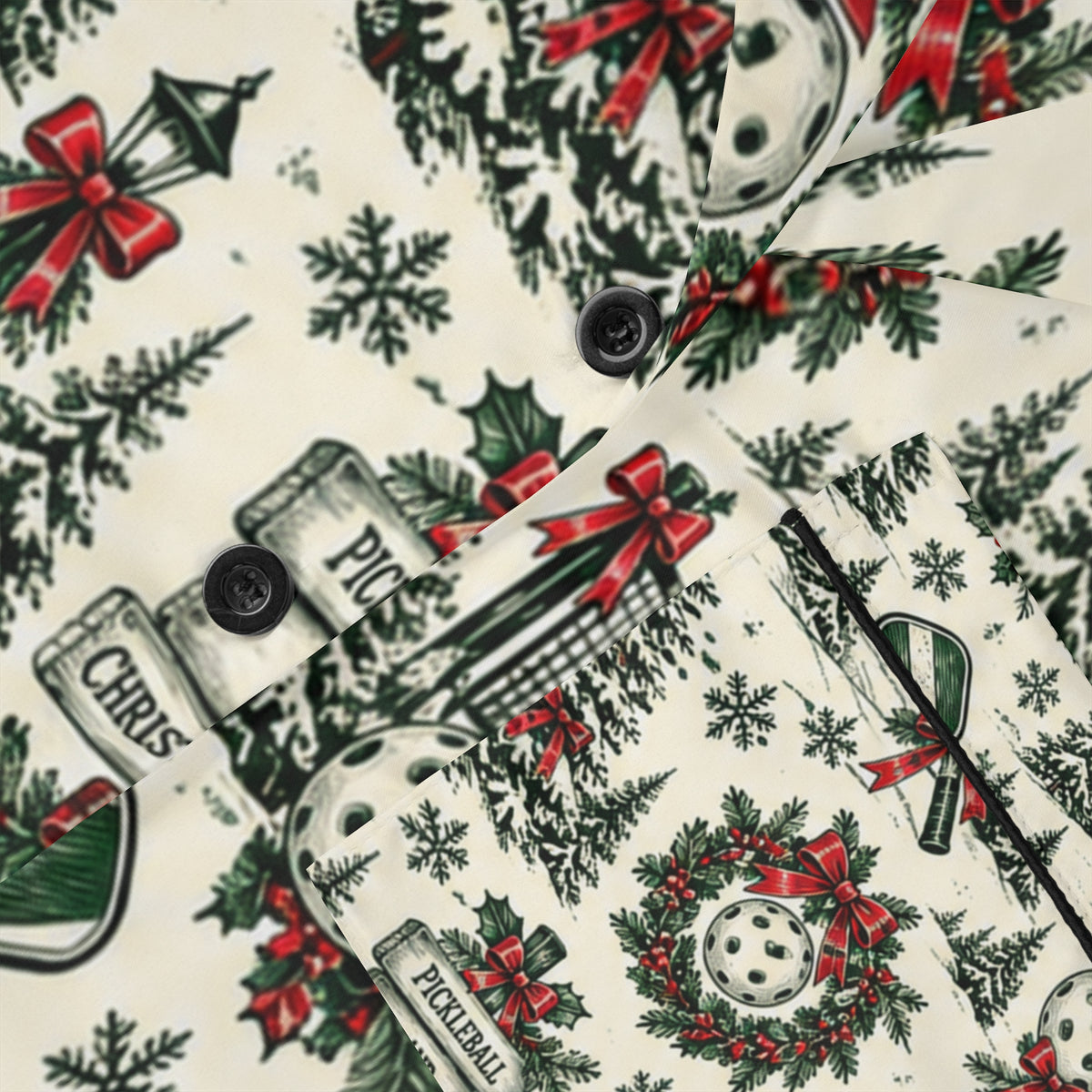 Vintage Pickleball Christmas Pattern Satin Pajamas | Holiday Tree Wreaths Ornaments