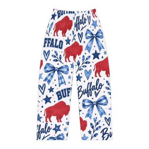Buffalo Blue & Red Patterned Women's Pajama Pants — Buffalo Script, Stars & Bows Loungewear