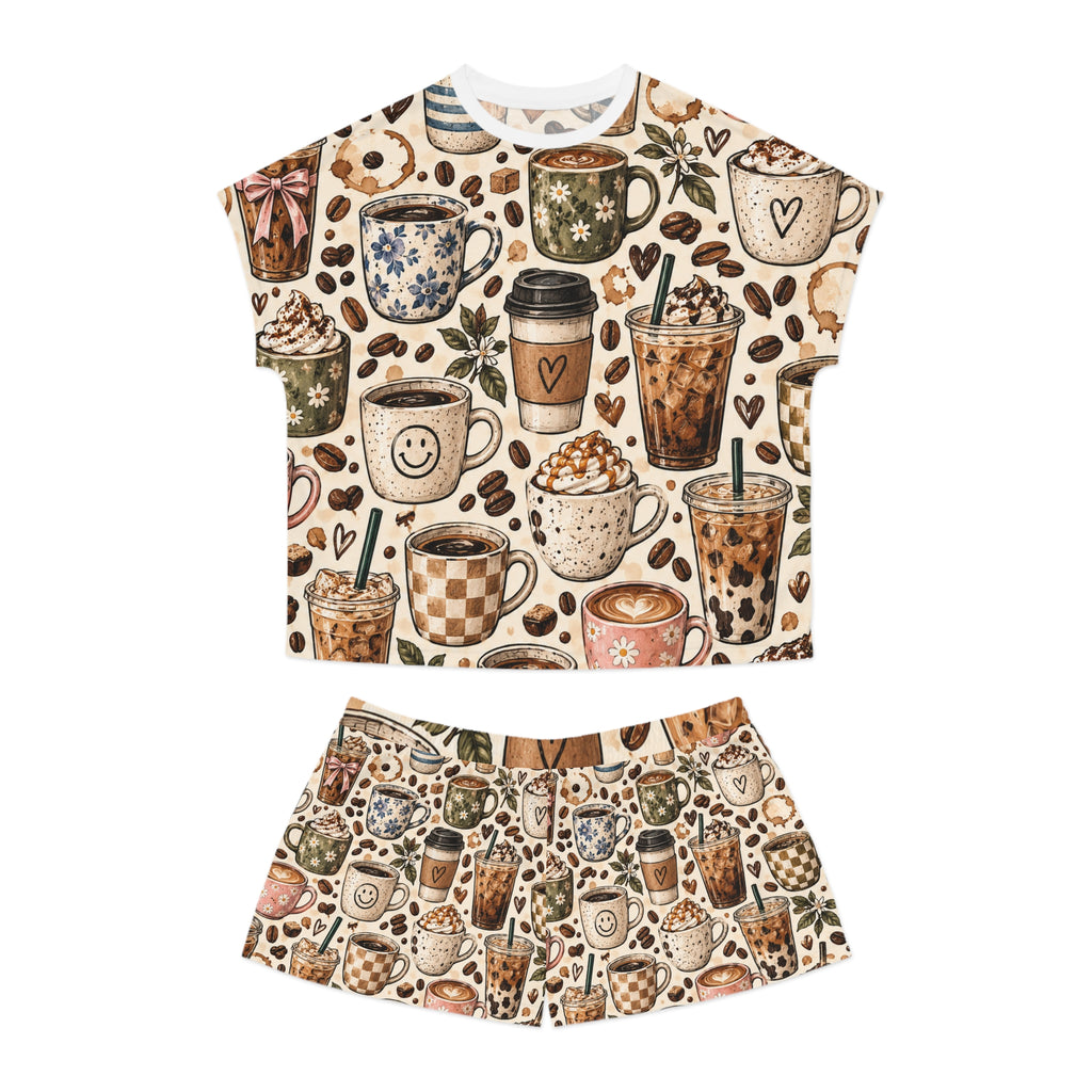 Coffee Lover Women’s Short Pajama Set — Cute Mug & Latte All-Over Print