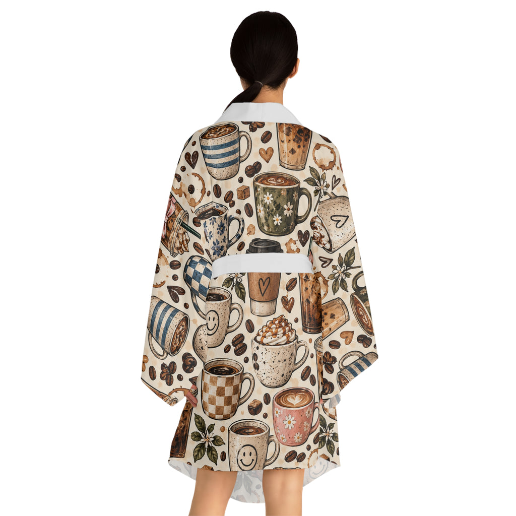 Coffee Cups Kimono Robe — Cozy All-Over Print Lounge Wrap