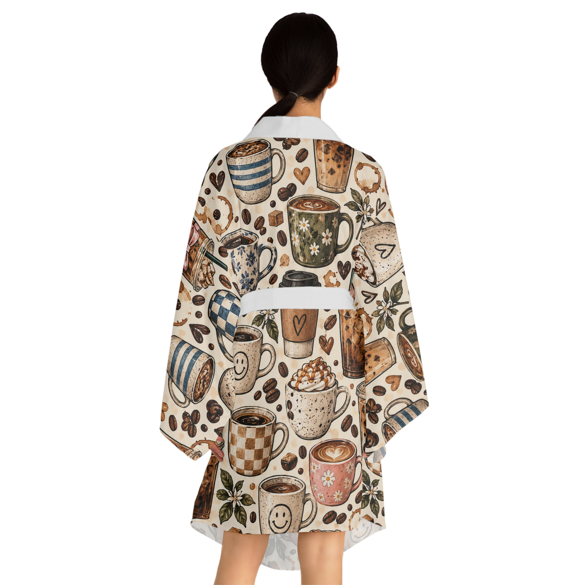 Coffee Cups Kimono Robe — Cozy All-Over Print Lounge Wrap