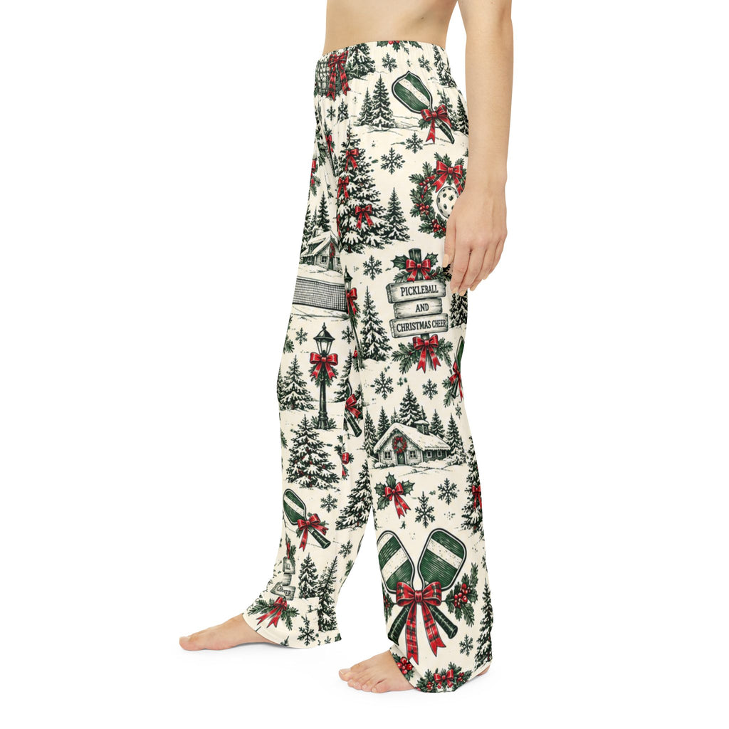 Christmas Village Pickleball Pattern Pajama Pants | Holiday Winter Trees & Wreaths