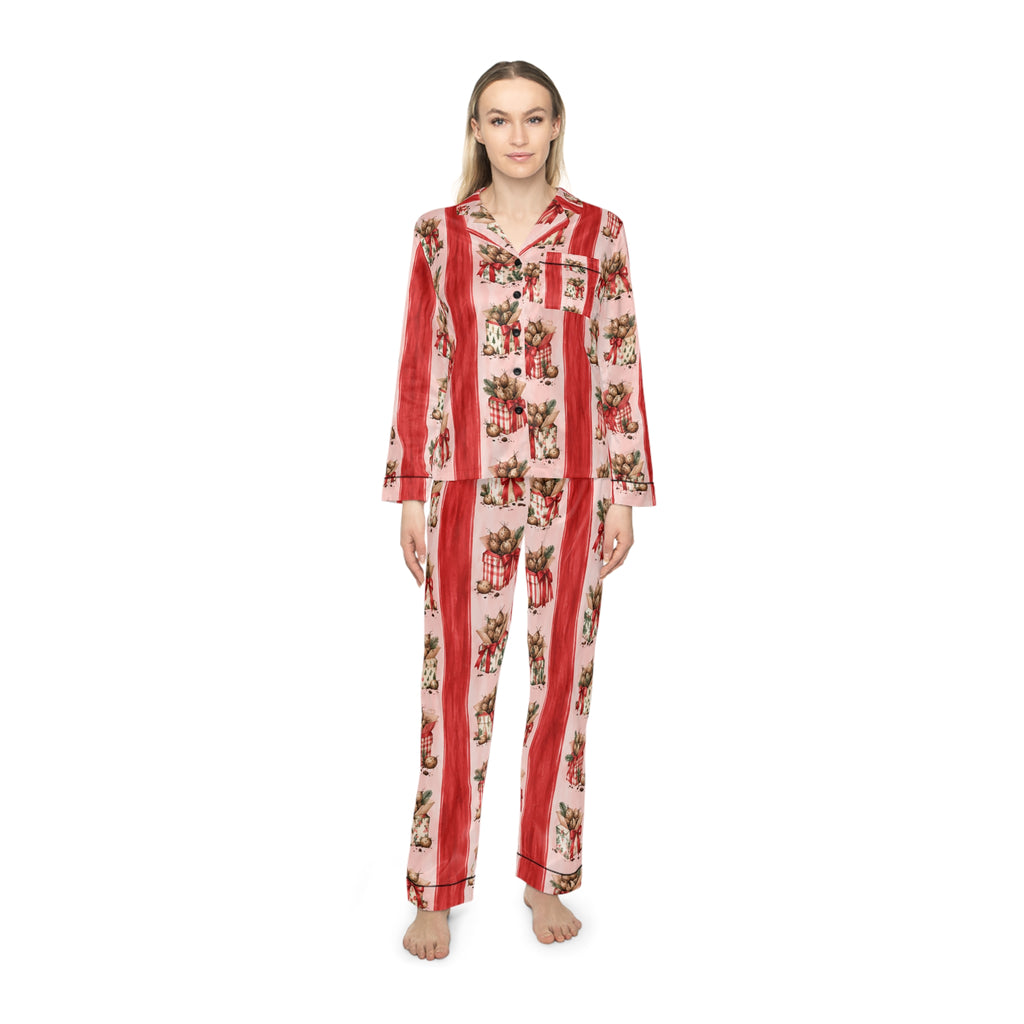 Vintage Holiday Floral Dahlia Tuber Stripe Pajamas