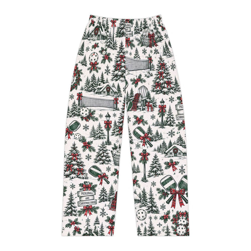 Christmas Village Pickleball Pattern Pajama Pants | Holiday Winter Trees & Wreaths
