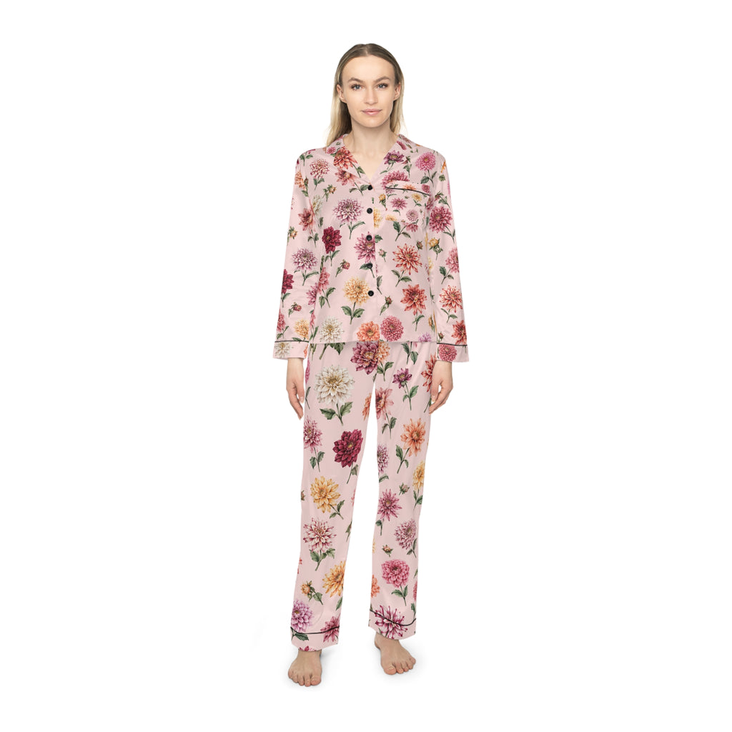 Vintage Floral dahlia Pink Satin Pajamas | Floral Print Pajama Set
