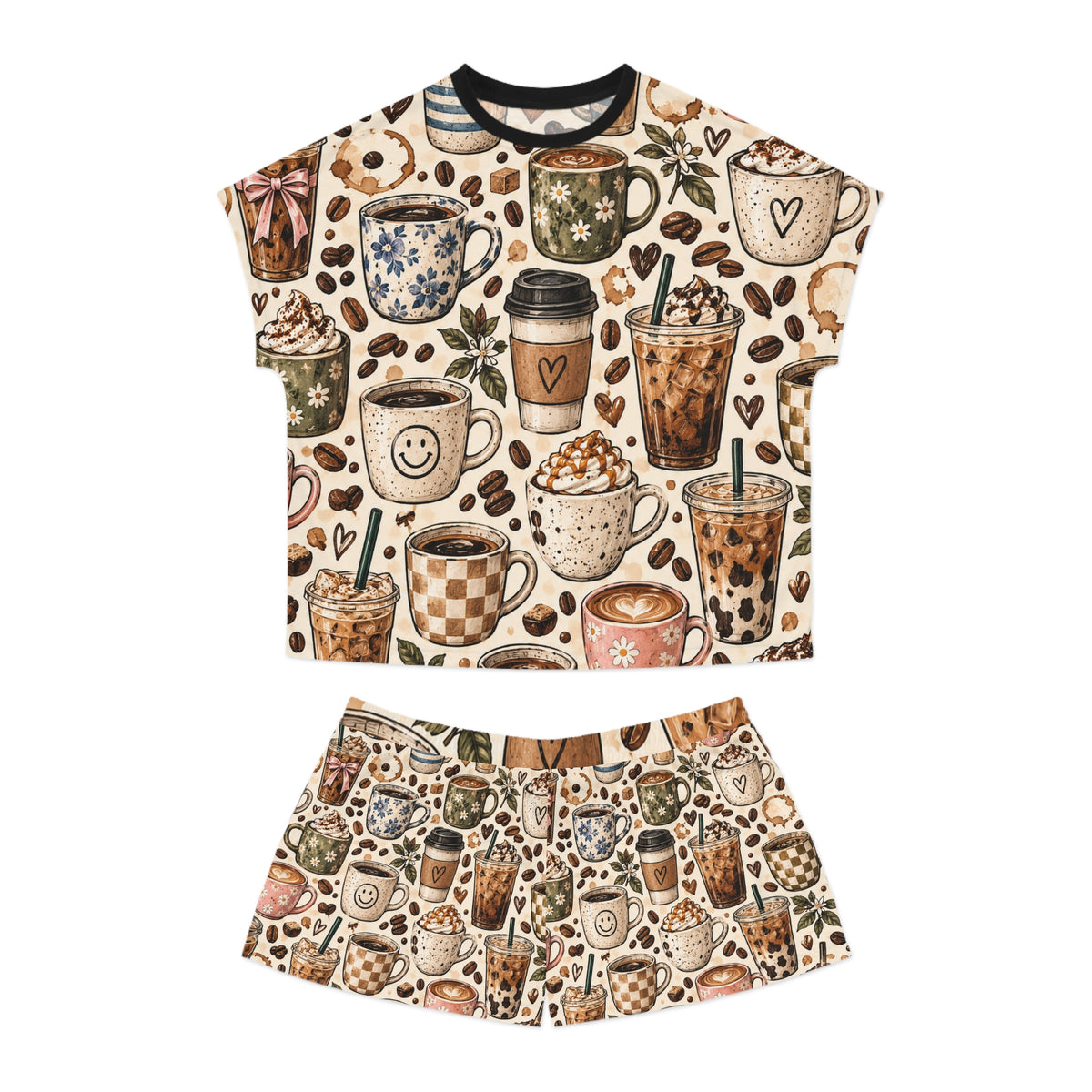 Coffee Lover Women’s Short Pajama Set — Cute Mug & Latte All-Over Print
