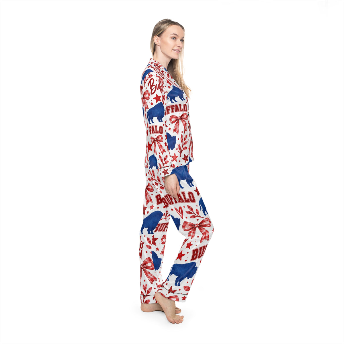 Buffalo Print Women's Satin Pajama Set — Red & Blue Holiday Sleepwear