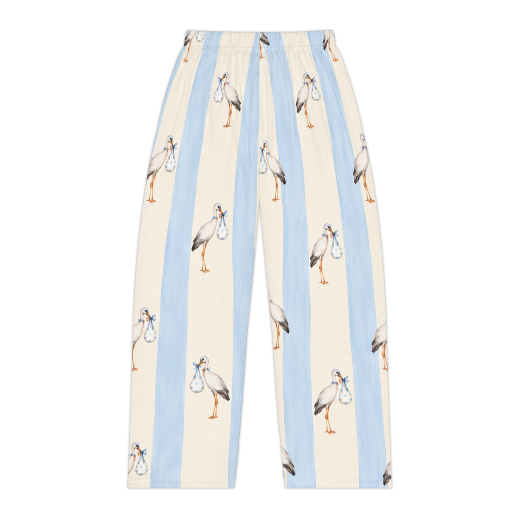 Stork Print Women's Pajama Pants — Blue & Cream Striped Lounge Sleepwear