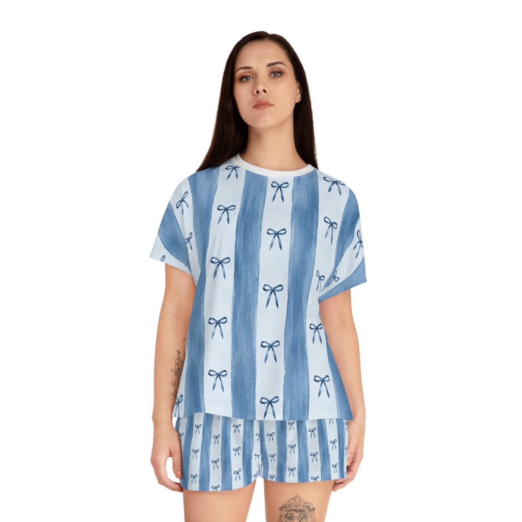 Blue Striped Bow Pattern Pajama Set | Women's Short PJ Set