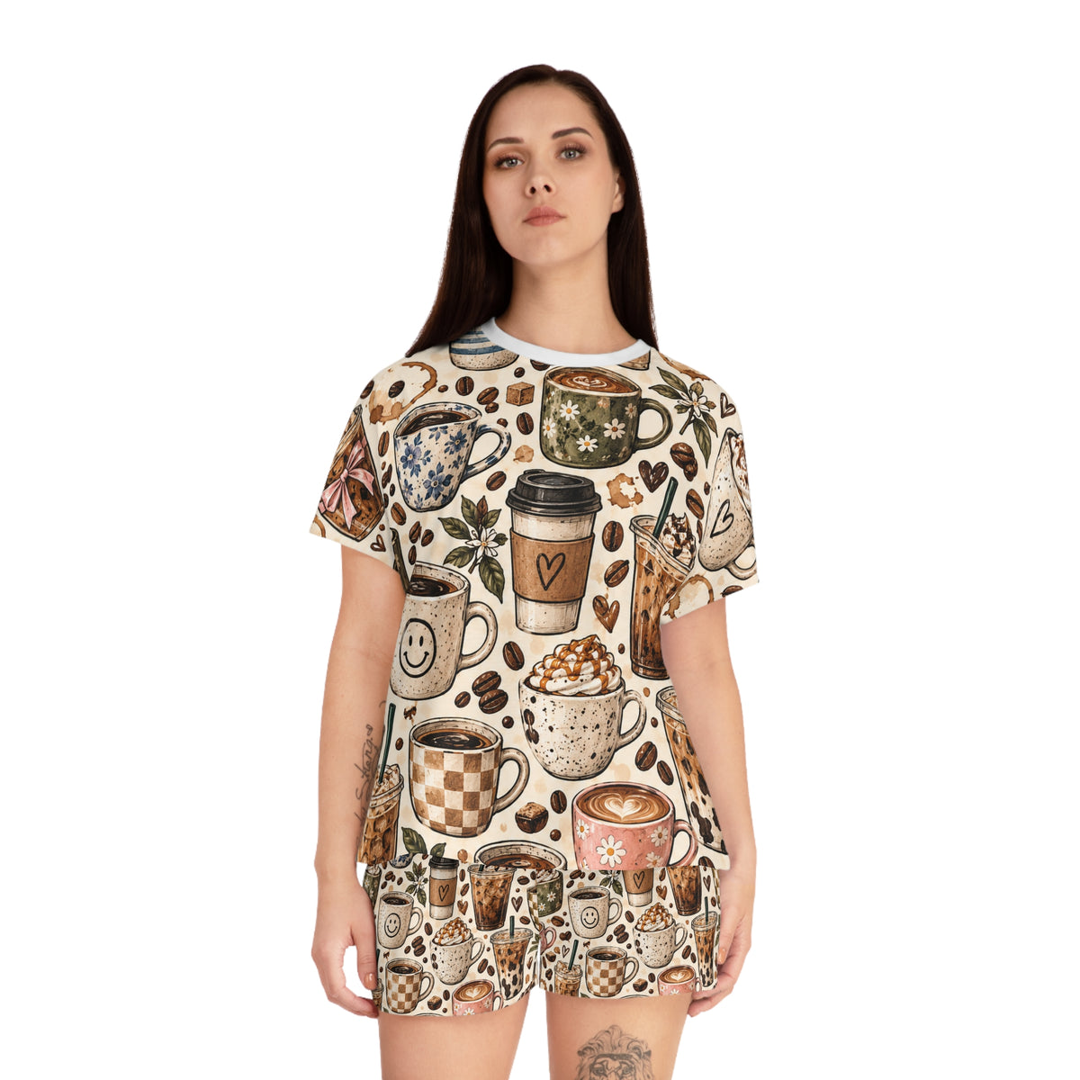 Coffee Lover Women’s Short Pajama Set — Cute Mug & Latte All-Over Print