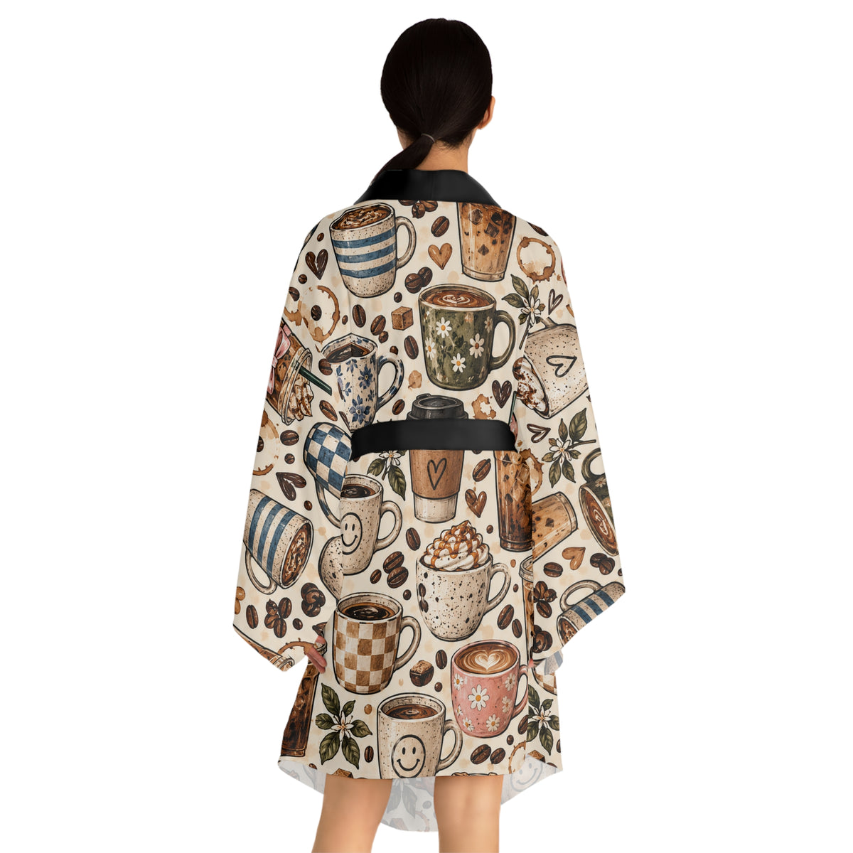 Coffee Cups Kimono Robe — Cozy All-Over Print Lounge Wrap