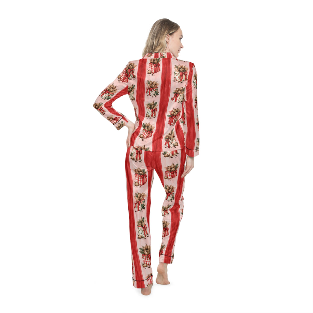 Vintage Holiday Floral Dahlia Tuber Stripe Pajamas