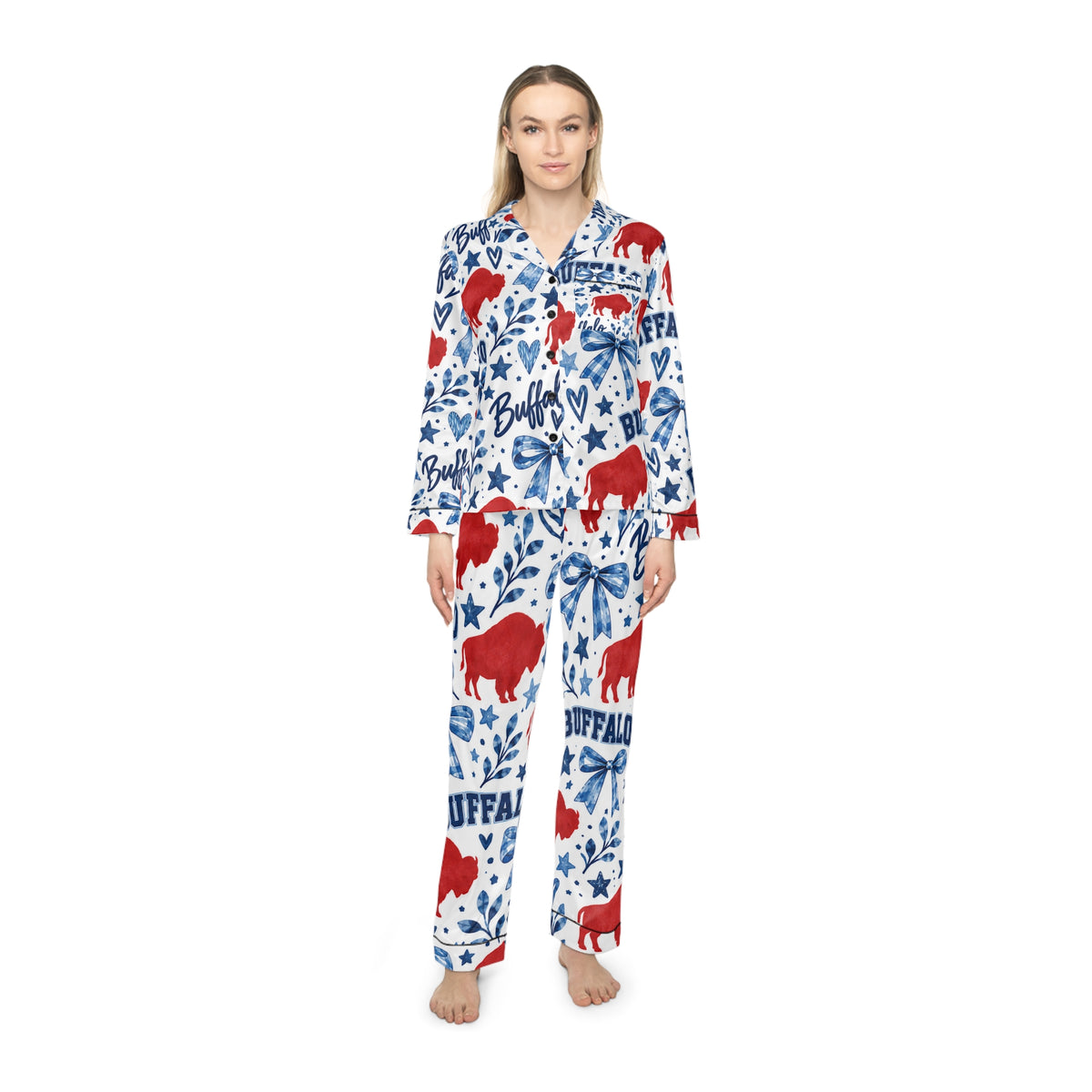 Buffalo Print Women’s Satin Pajama Set — Red & Blue Graphic Sleepwear