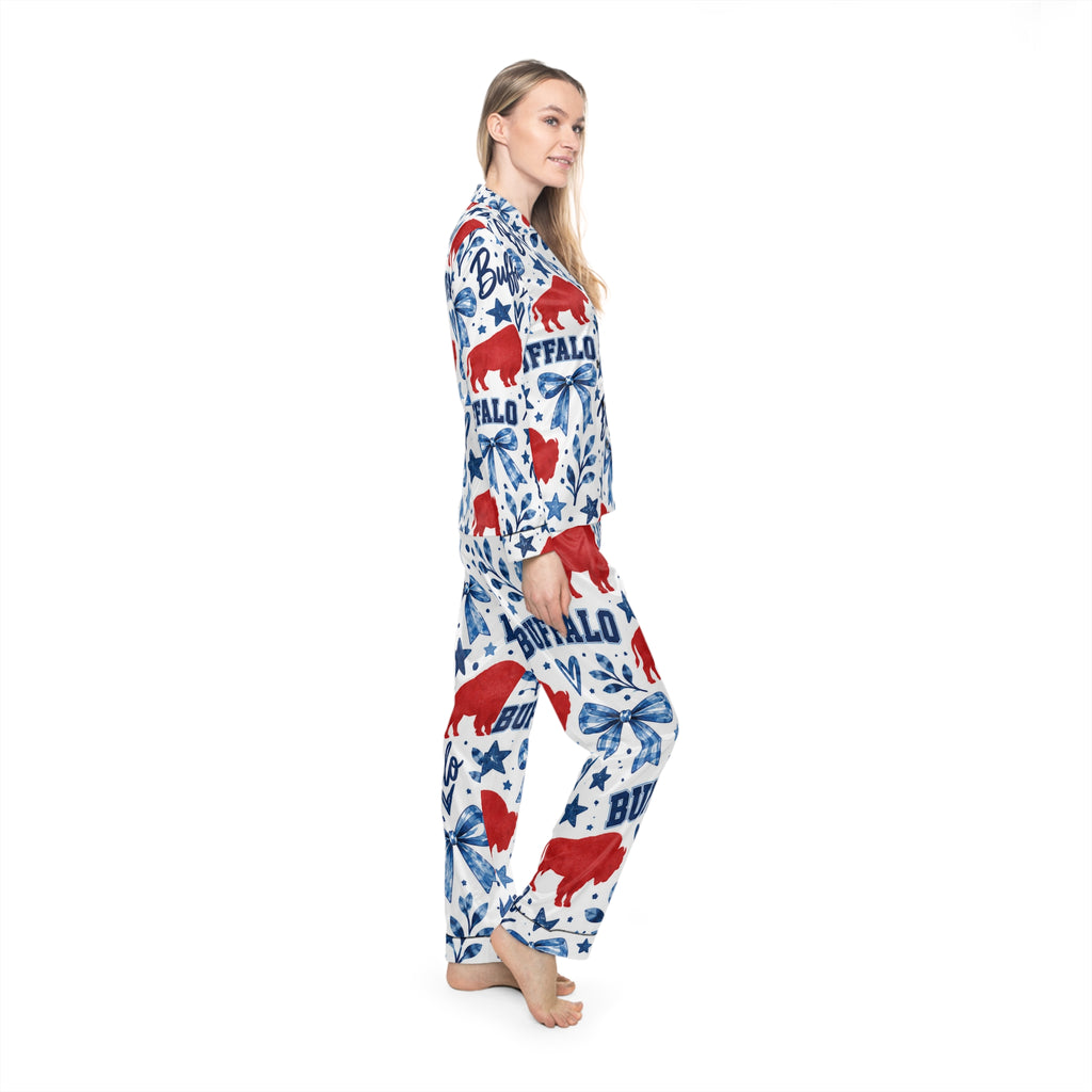 Buffalo Print Women’s Satin Pajama Set — Red & Blue Graphic Sleepwear