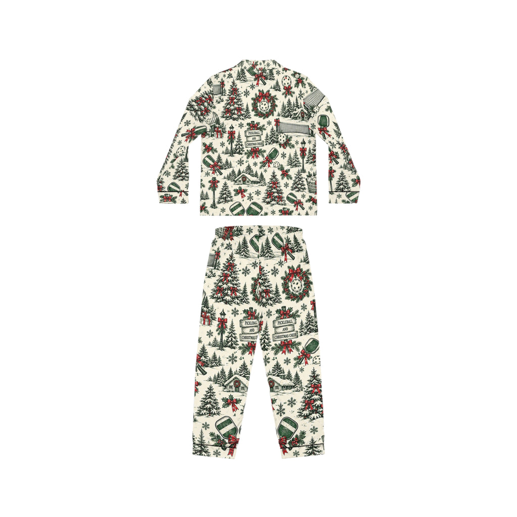 Vintage Pickleball Christmas Pattern Satin Pajamas | Holiday Tree Wreaths Ornaments