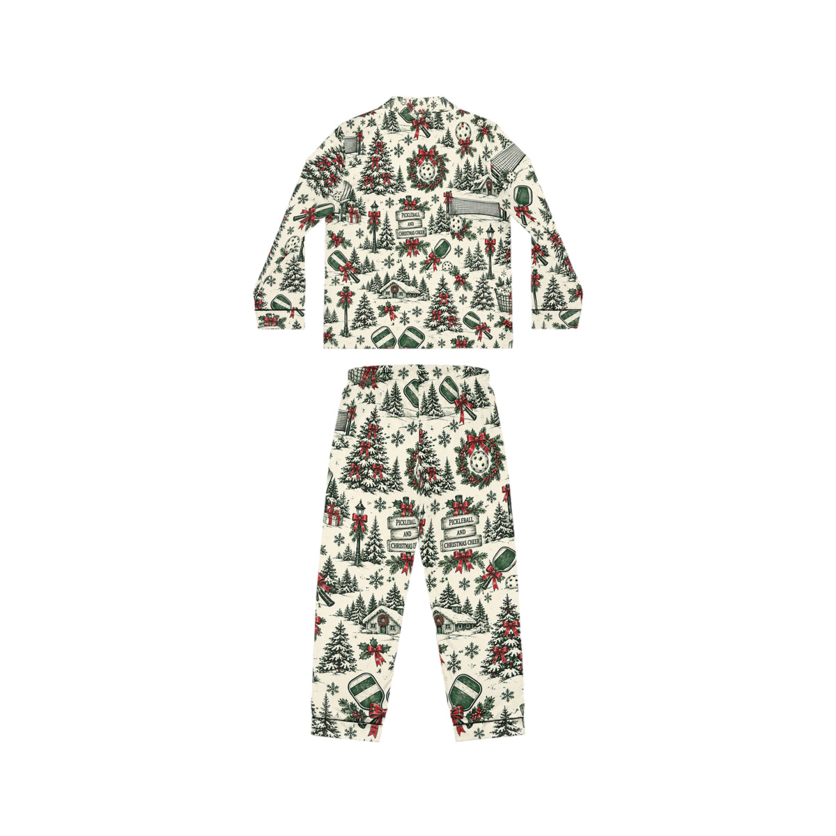 Vintage Pickleball Christmas Pattern Satin Pajamas | Holiday Tree Wreaths Ornaments