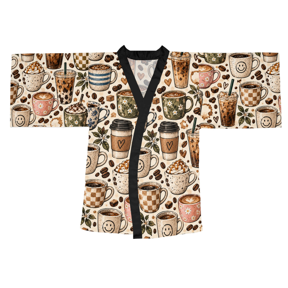 Coffee Cups Kimono Robe — Cozy All-Over Print Lounge Wrap