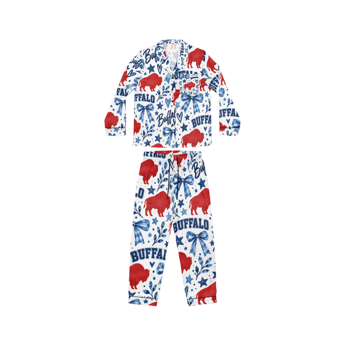Buffalo Print Women’s Satin Pajama Set — Red & Blue Graphic Sleepwear
