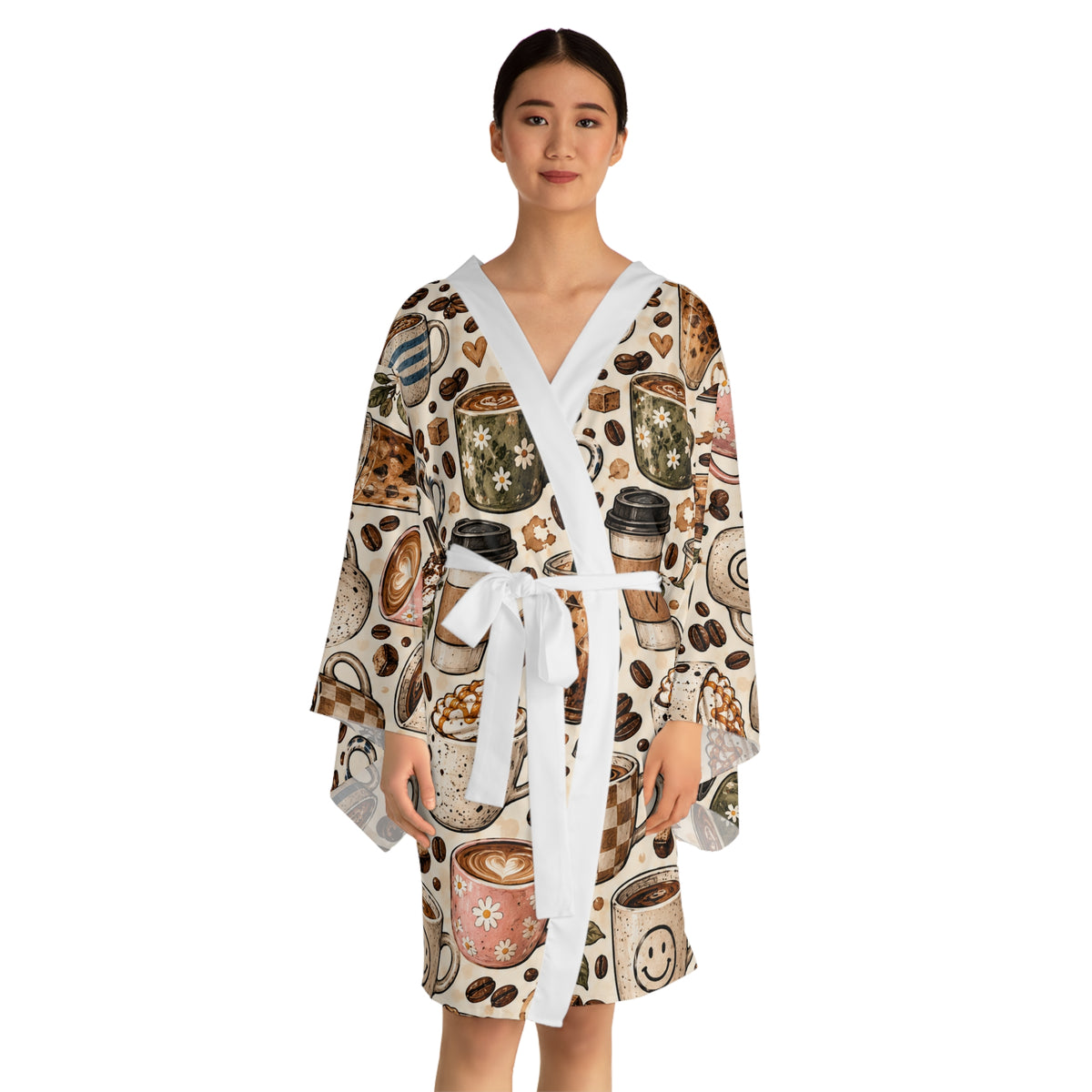 Coffee Cups Kimono Robe — Cozy All-Over Print Lounge Wrap
