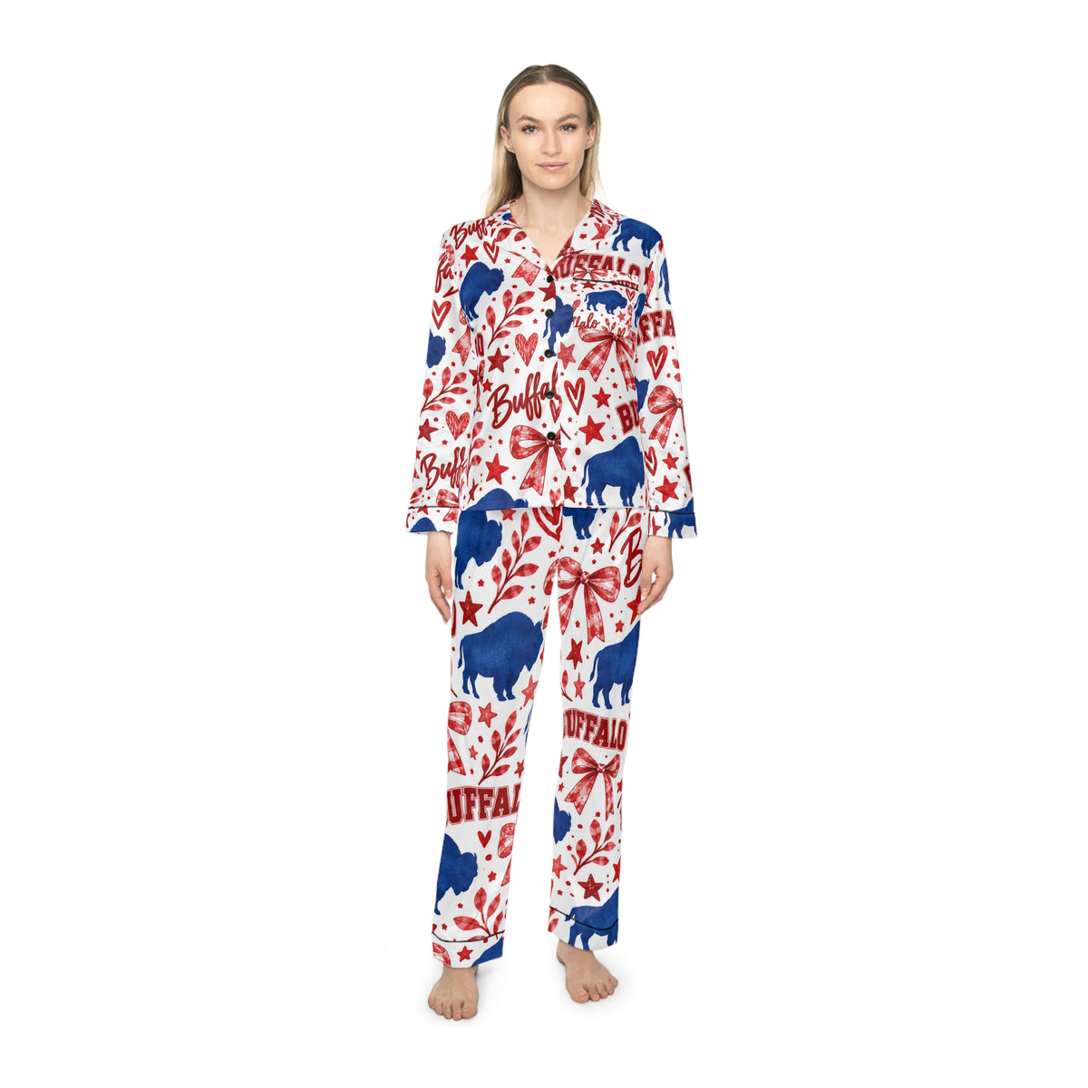 Buffalo Print Women's Satin Pajama Set — Red & Blue Holiday Sleepwear