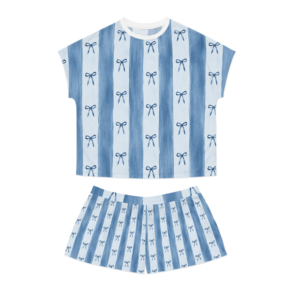 Blue Striped Bow Pattern Pajama Set | Women's Short PJ Set
