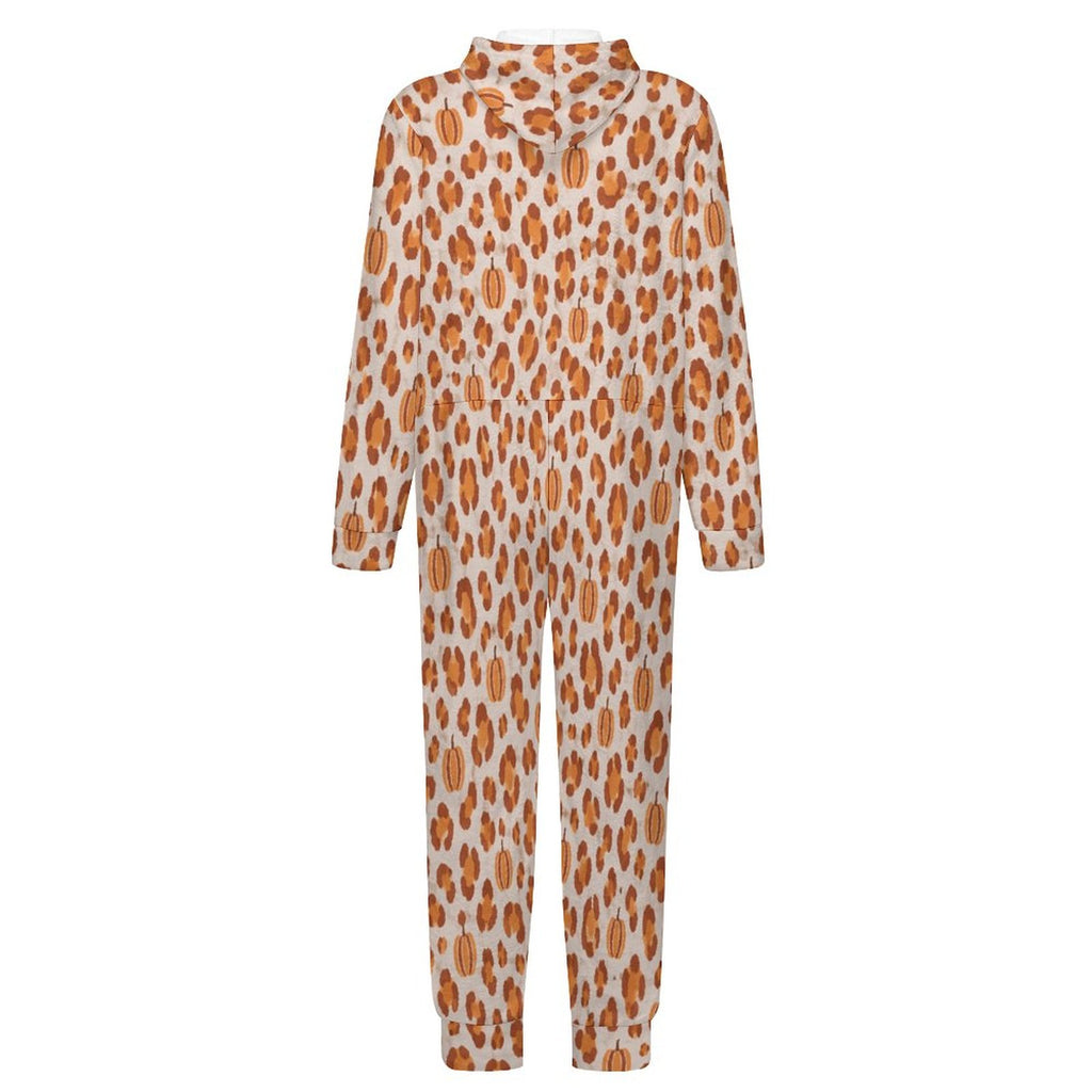 Pumpkin Leopard Print, 250gsm Flannel Footless Zip up Kid Jumpsuit Pajamas(All-Over Printing)