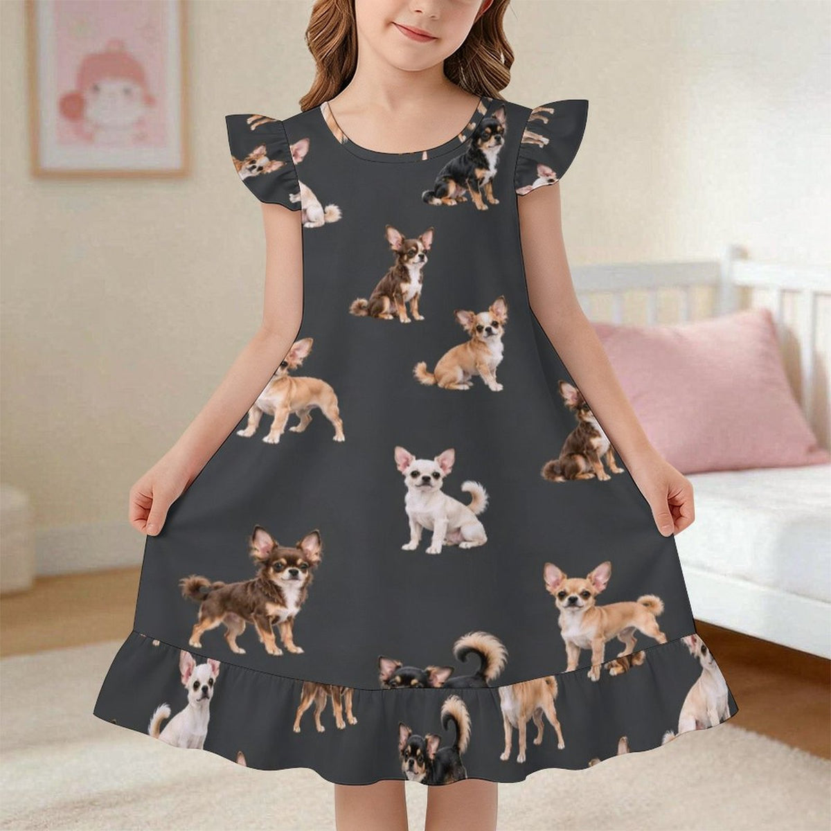 200gsm Girls Short Sleeve Ruffle Nightgown(All-Over Printing)