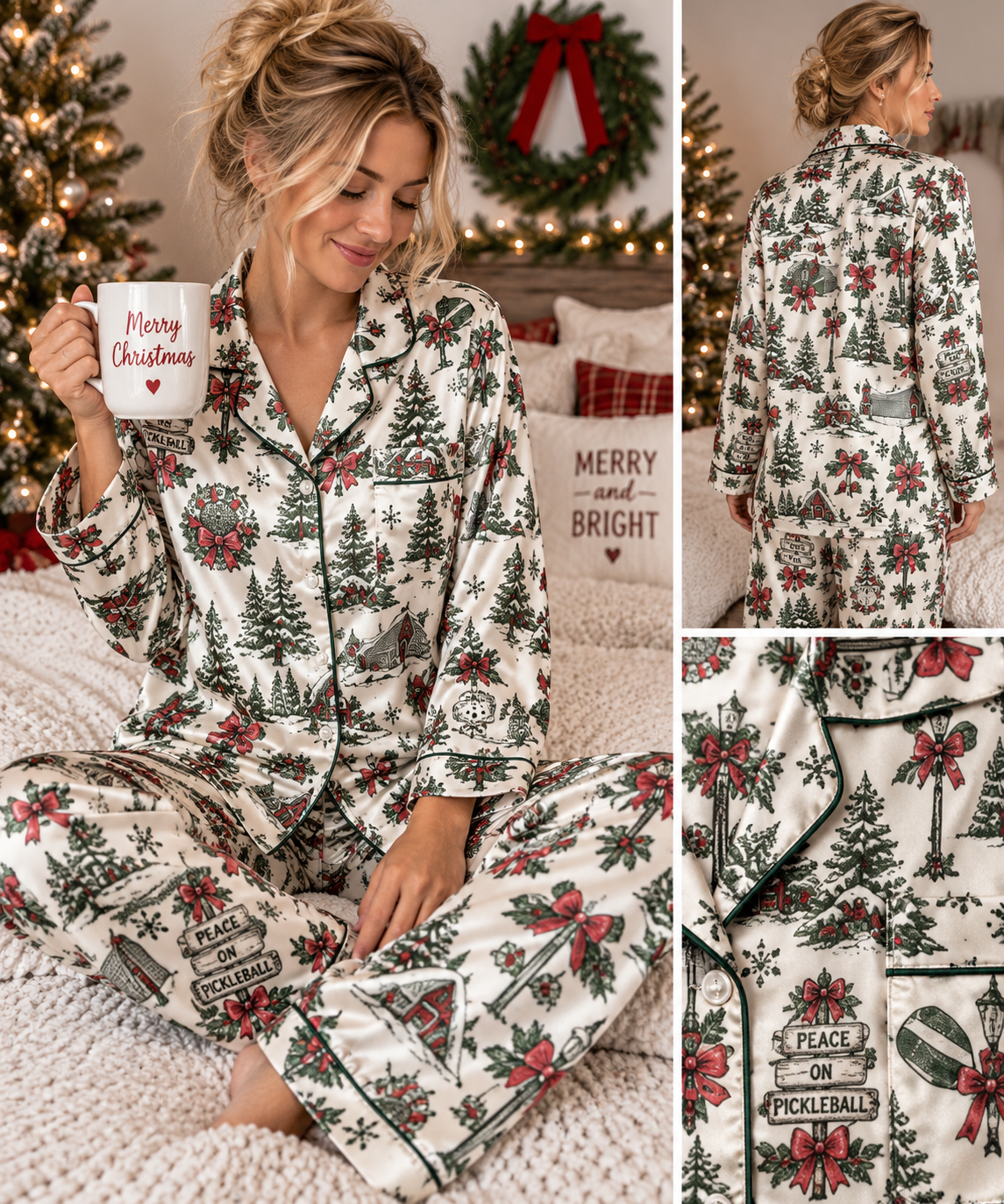 Vintage Pickleball Christmas Pattern Satin Pajamas | Holiday Tree Wreaths Ornaments