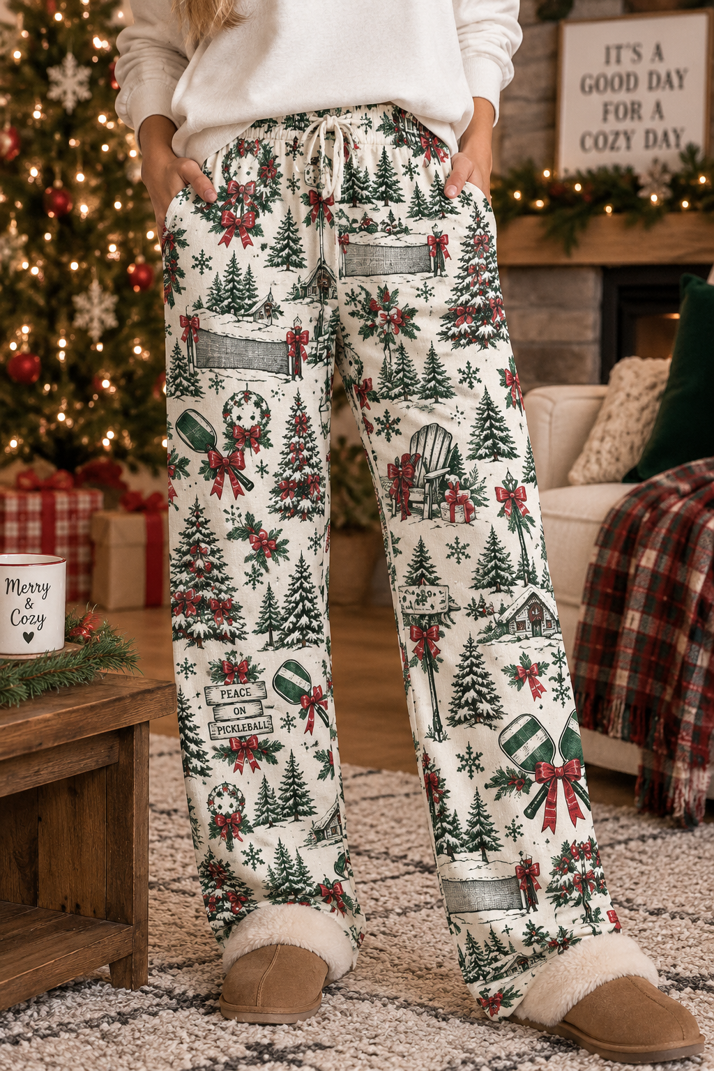 Christmas Village Pickleball Pattern Pajama Pants | Holiday Winter Trees & Wreaths