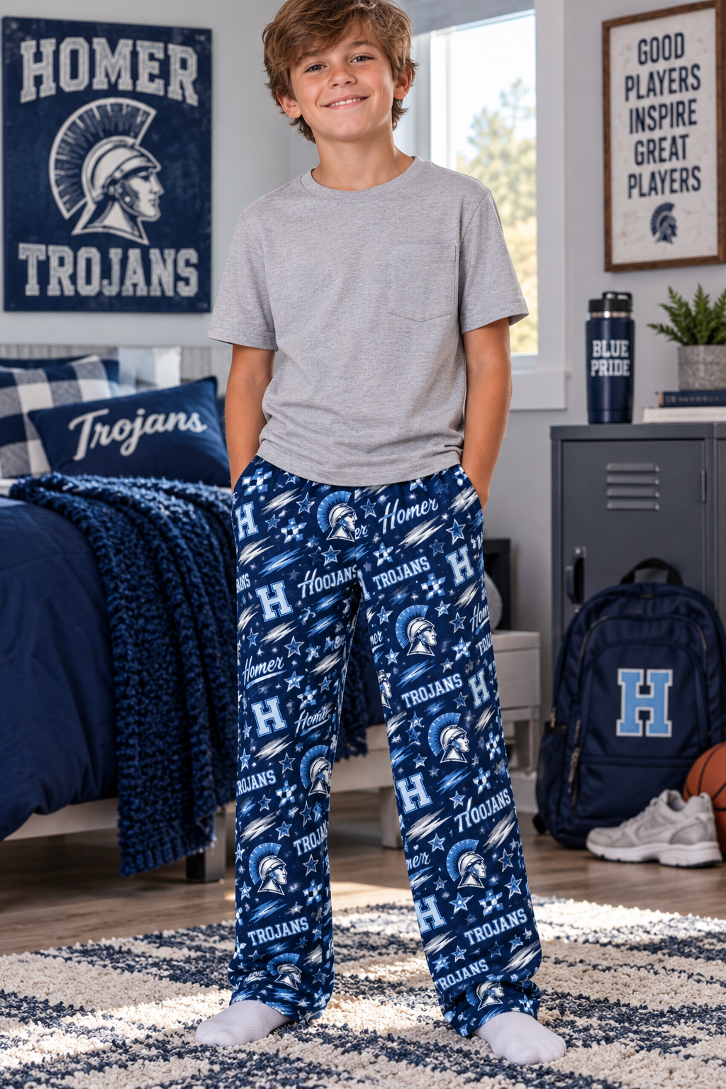 Blue Trojans Pattern Kids Lounge Pants | School Mascot All-Over Print