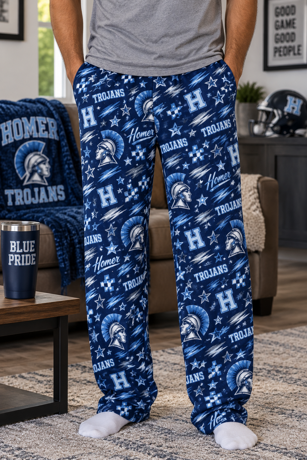 Trojans Helmet Pattern Pajama Pants | Blue Team Logo Lounge Pants