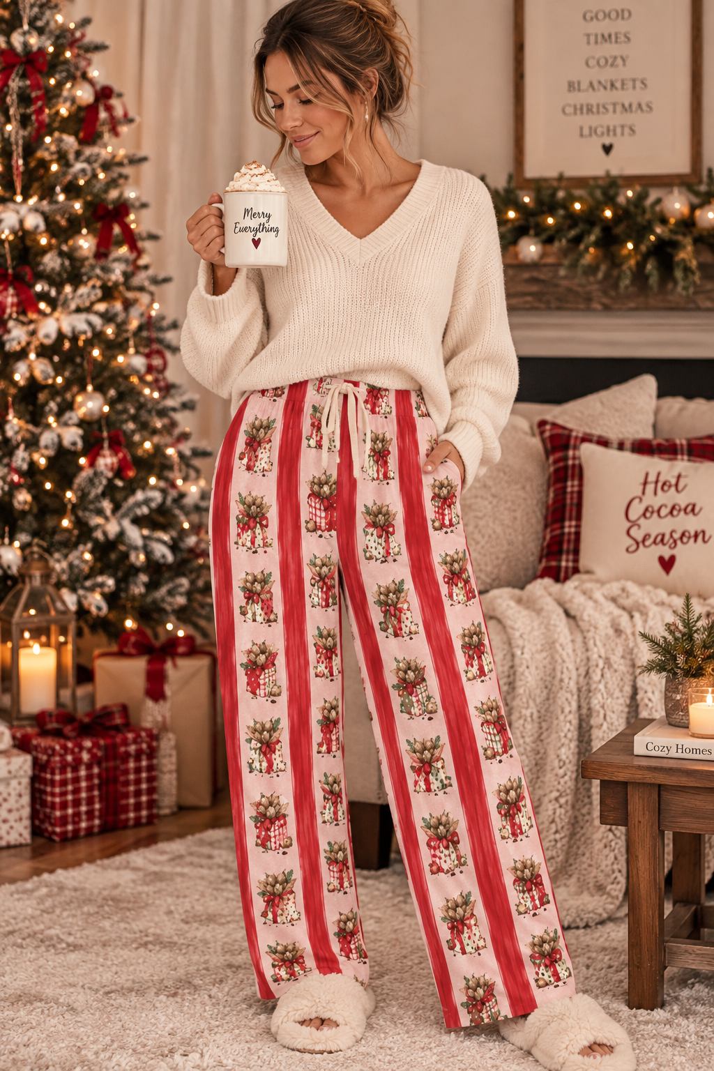 Vintage Holiday Floral Dahlia Tuber Pattern Pajama Pants | All-Over Print