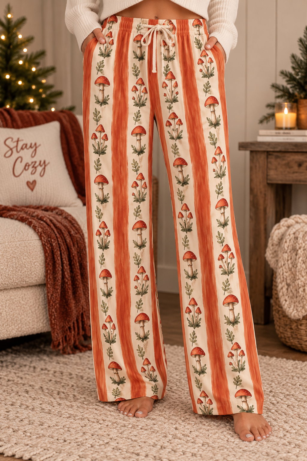Vintage Mushroom Stripe Pajama Pants | Women's Lounge Trousers