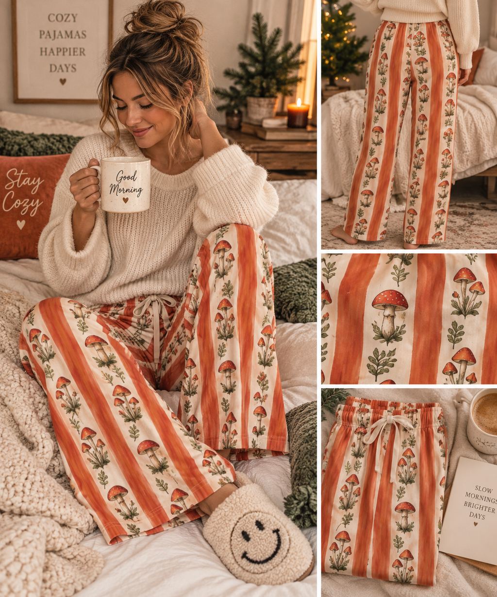 Vintage Mushroom Stripe Pajama Pants | Women's Lounge Trousers