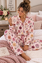 Vintage Floral dahlia Pink Satin Pajamas | Floral Print Pajama Set