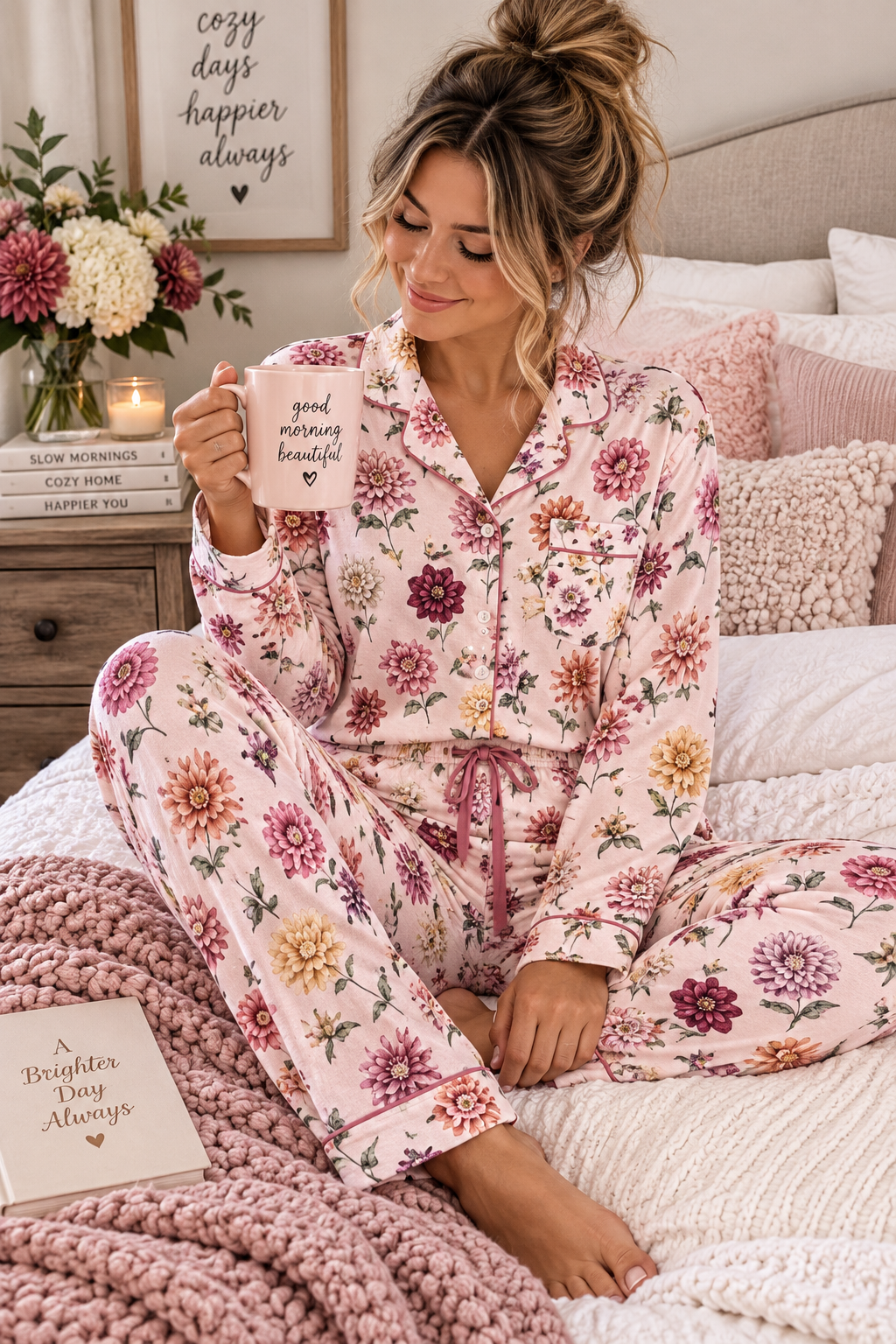 Vintage Floral dahlia Pink Satin Pajamas | Floral Print Pajama Set
