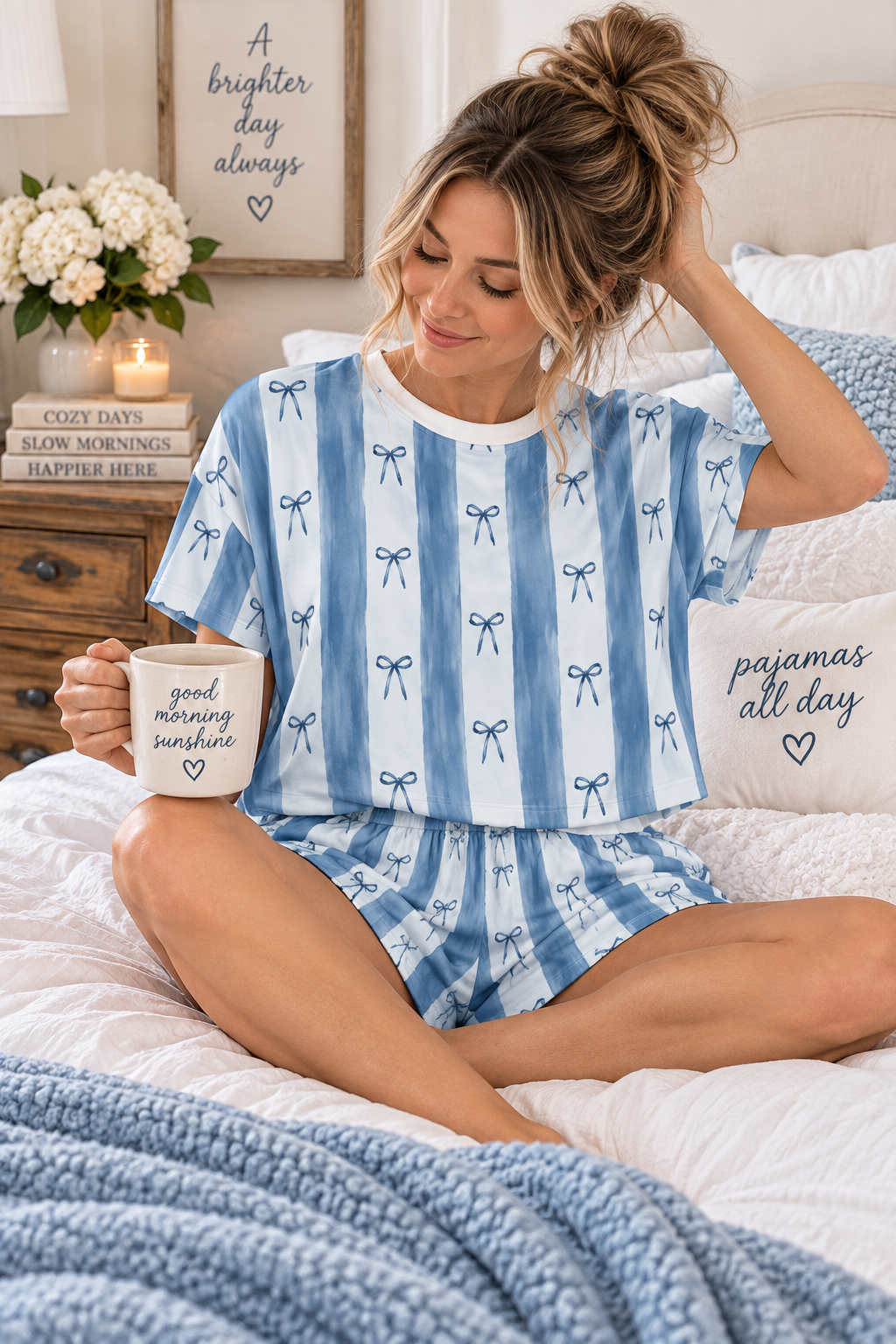 Blue Striped Bow Pattern Pajama Set | Women's Short PJ Set