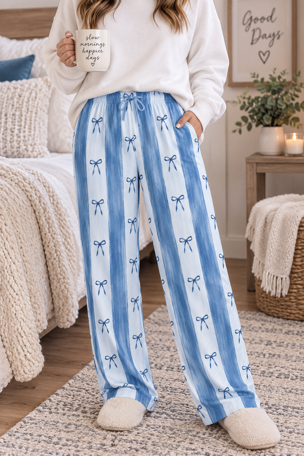 Blue Striped Bow Pattern Pajama Pants | Lounge Bottoms