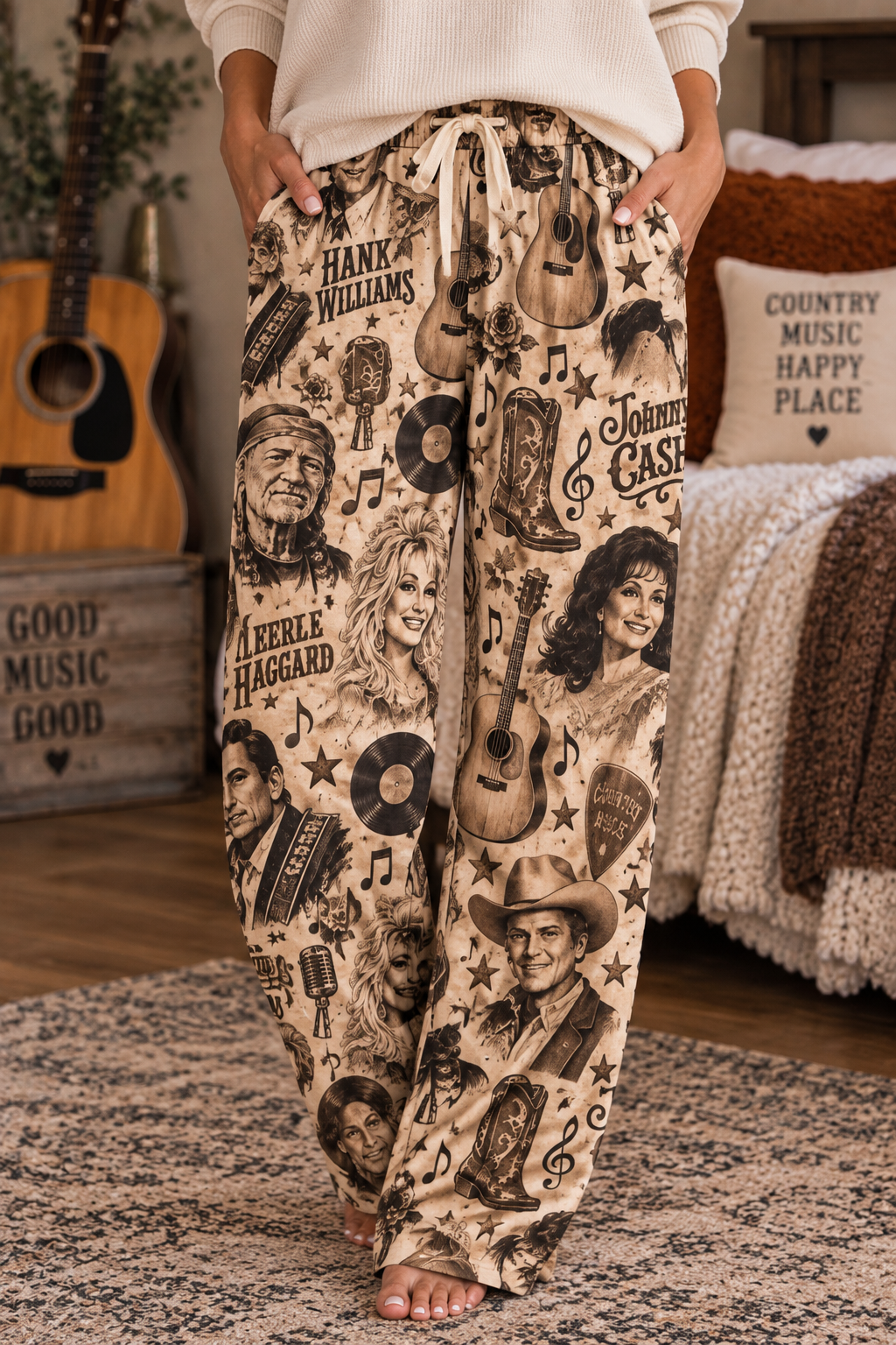 Classic Country Music Legends pajama pants | Johnny Cash, Dolly Parton, Hank Williams print