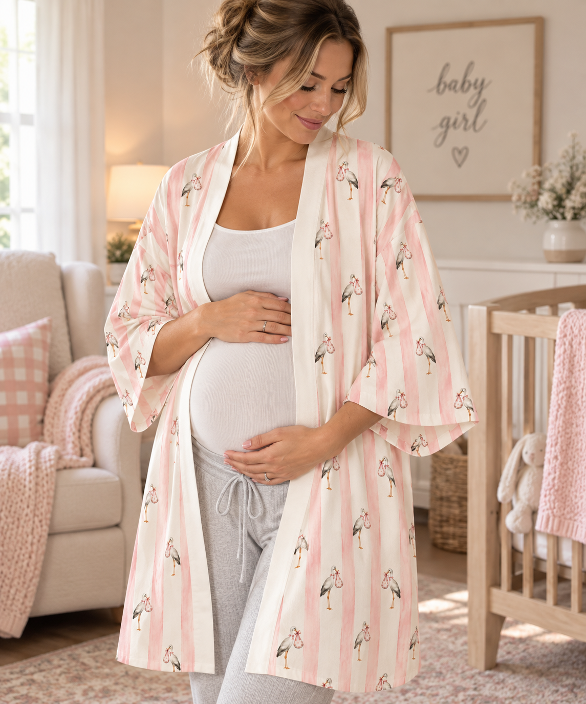 Baby girl stork Stripe Kimono Robe — Long Sleeve Lounge Robe