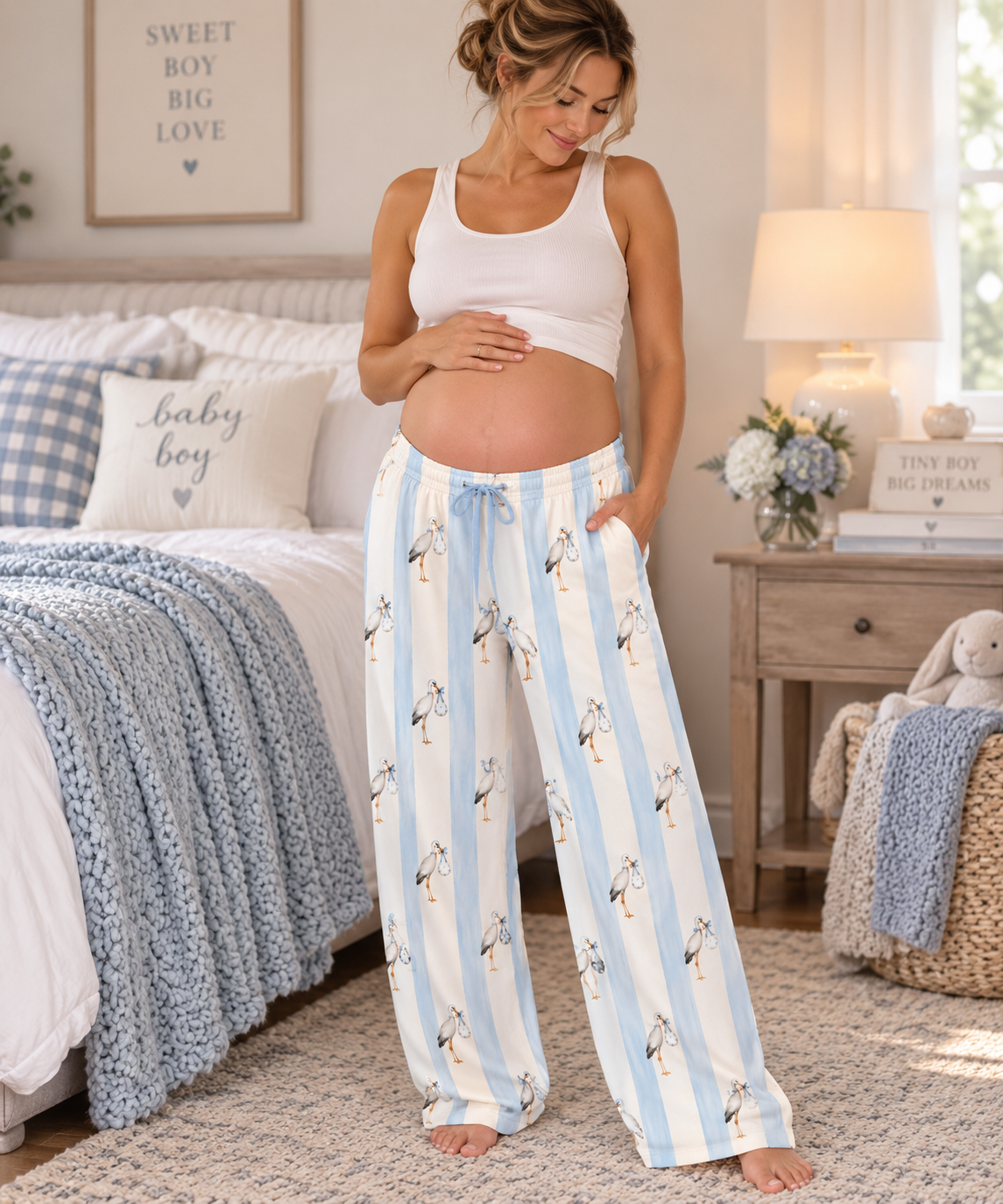 Stork Print Women's Pajama Pants — Blue & Cream Striped Lounge Sleepwear