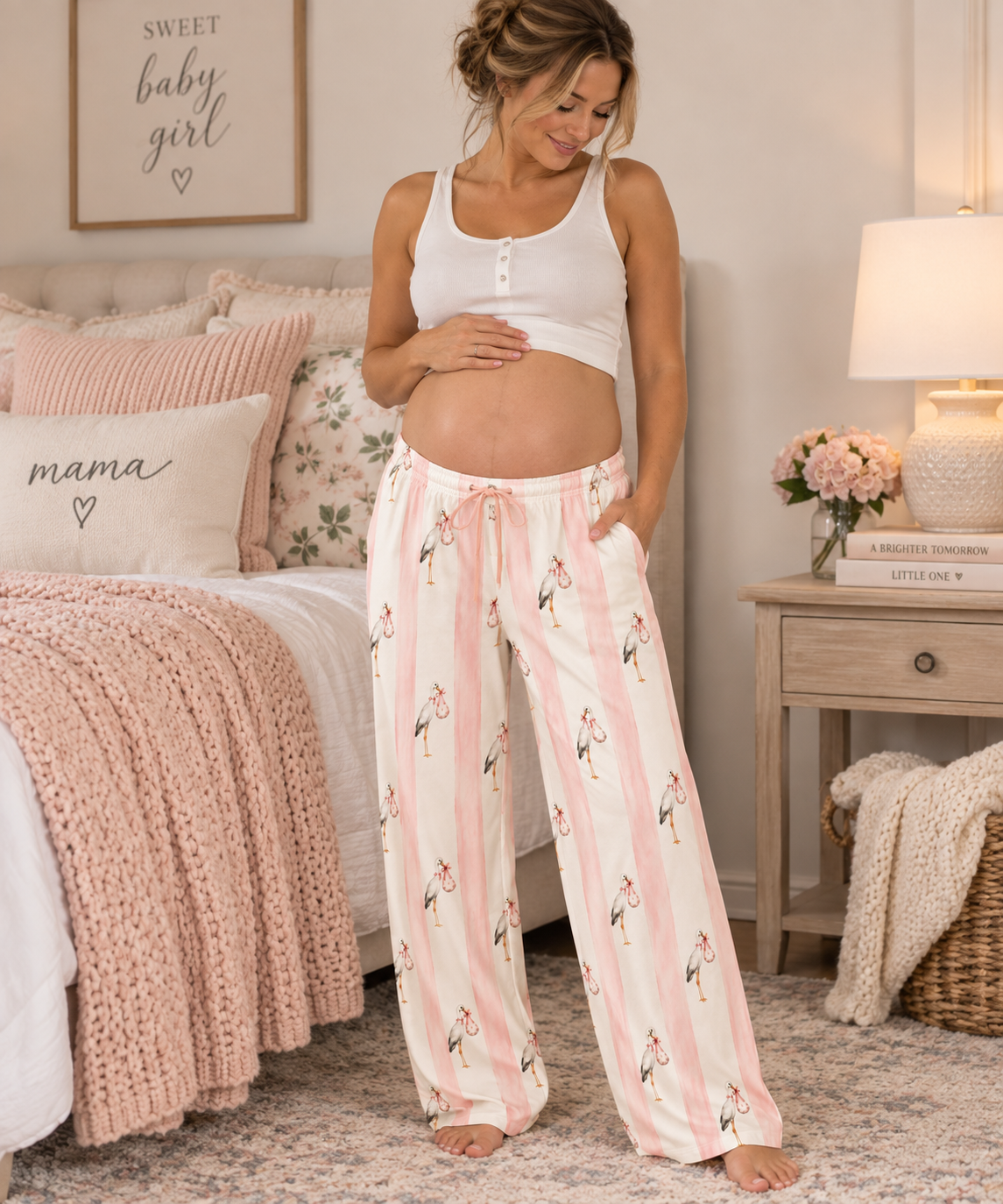 Stork Print Women's Pajama Pants — Blue & Cream Striped Lounge Sleepwear