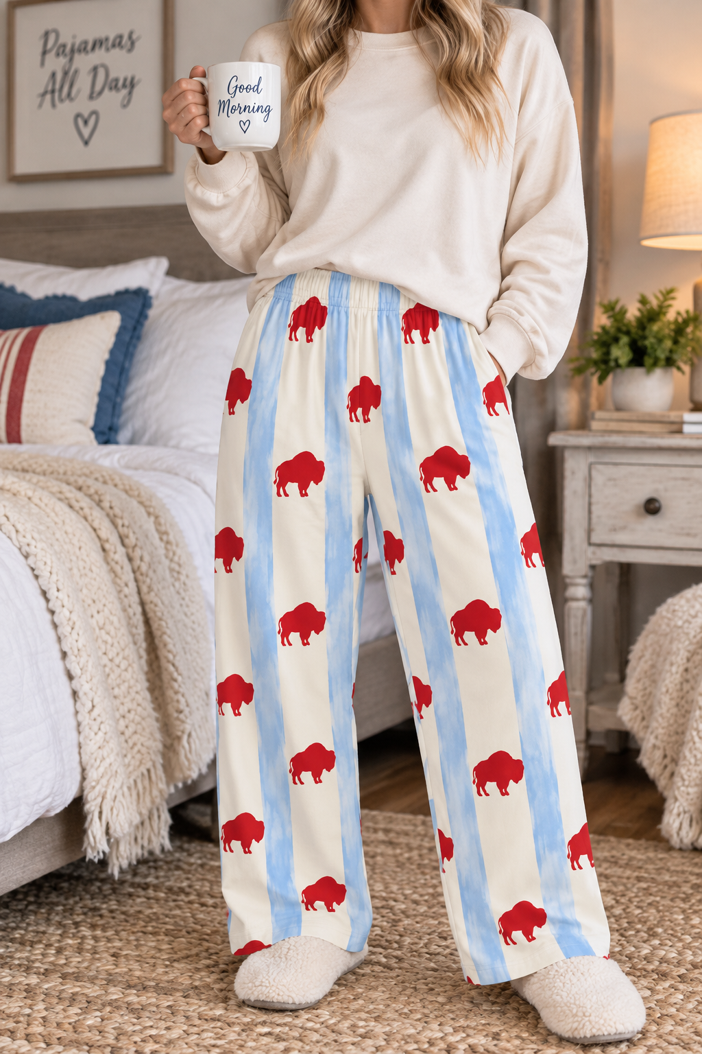 Buffalo Stripe Pajama Pants — Red Bison Print Women’s Lounge Pants