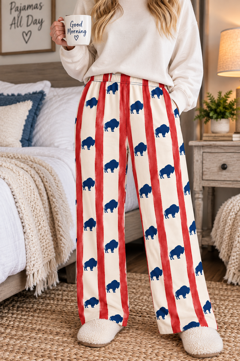 Flag Buffalo Print Pajama Pants — Women's Red & Blue All-Over-Print Lounge Pants