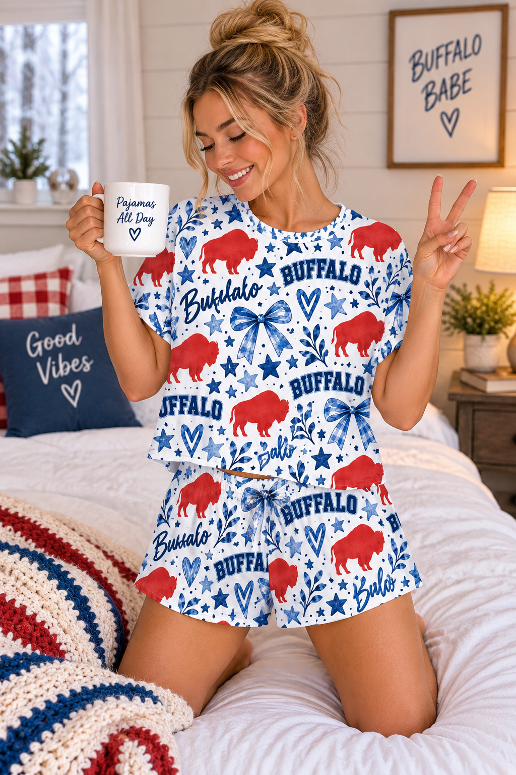 Buffalo Print Women's Pajama Set — Red & Blue Holiday Short Sleepwear
